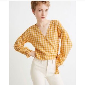 Madewell Long-Sleeve Sash-Tie Wrap Top in Gingham Check
